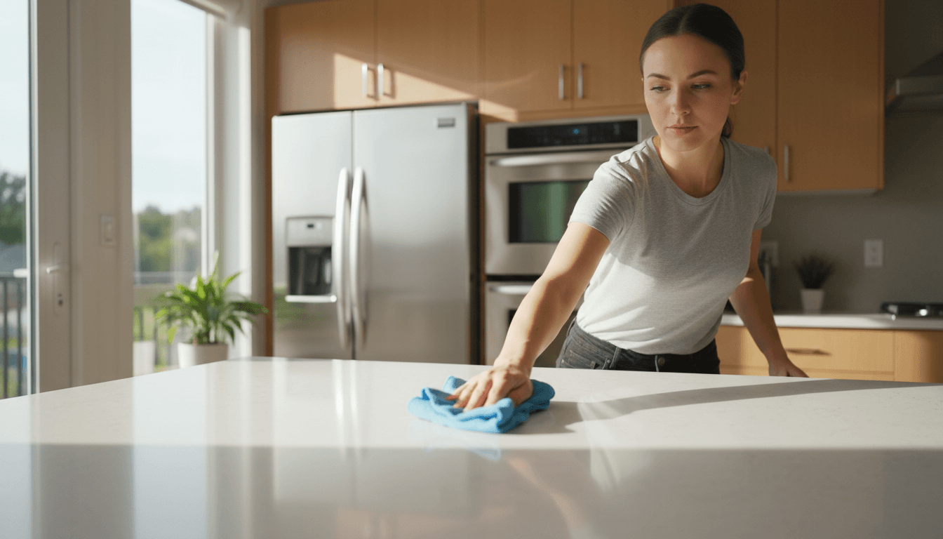 Professional cleaner wiping down a modern kitchen countertop