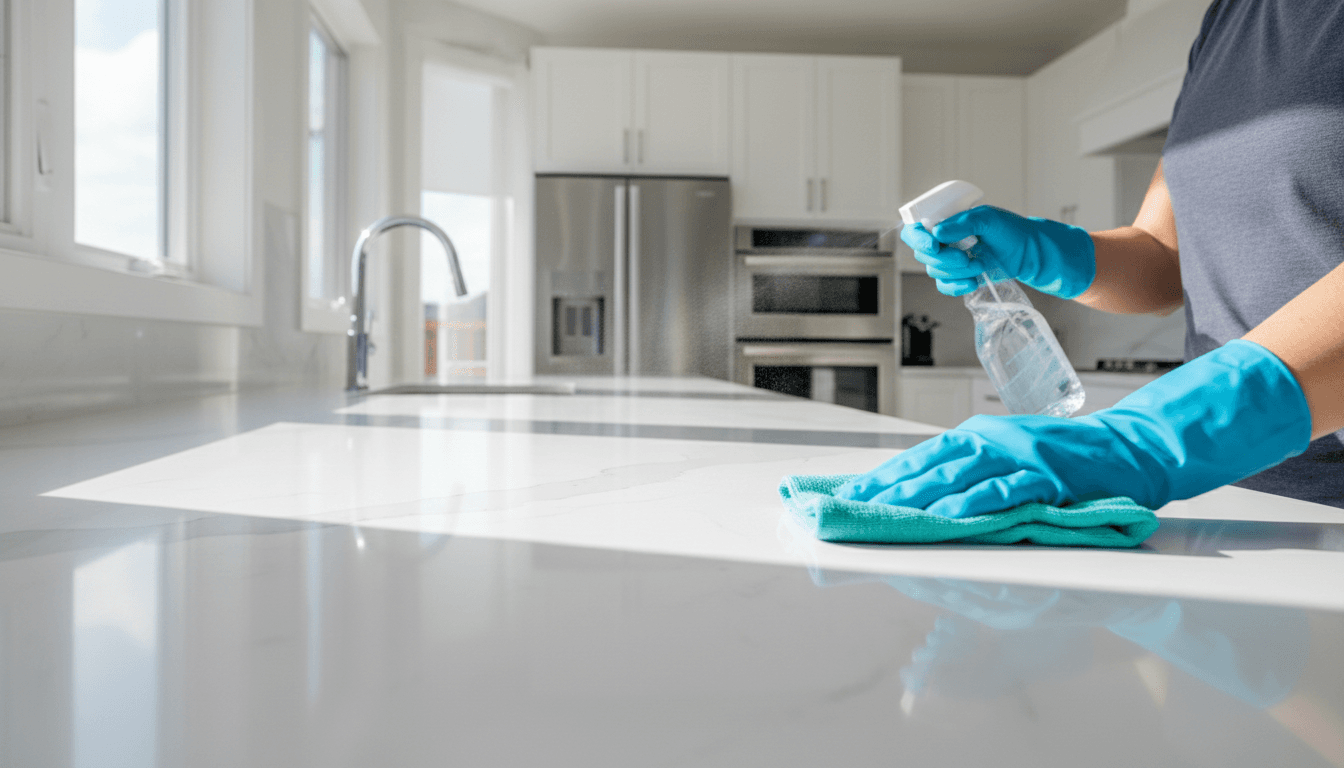 Professional cleaner wiping down a kitchen countertop in bright natural light