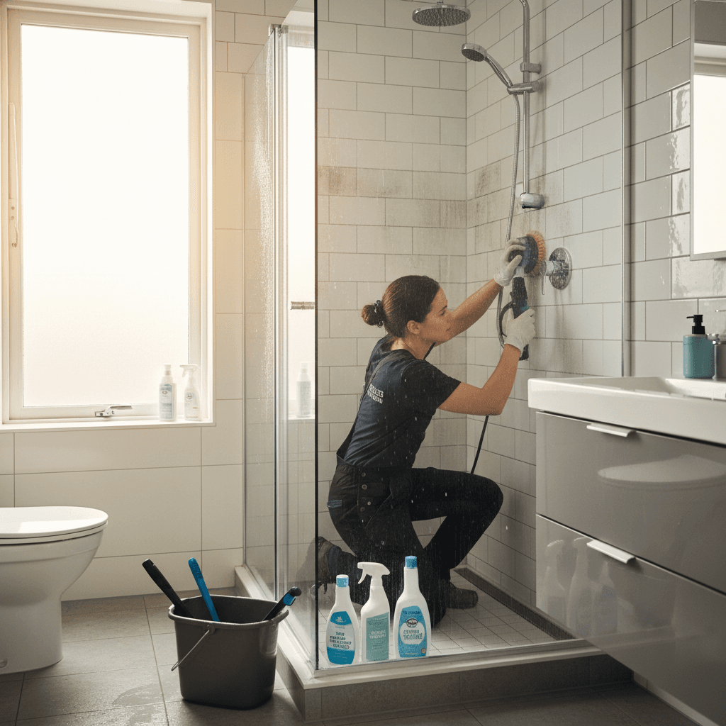 Bathroom cleaning service showing thorough professional technique