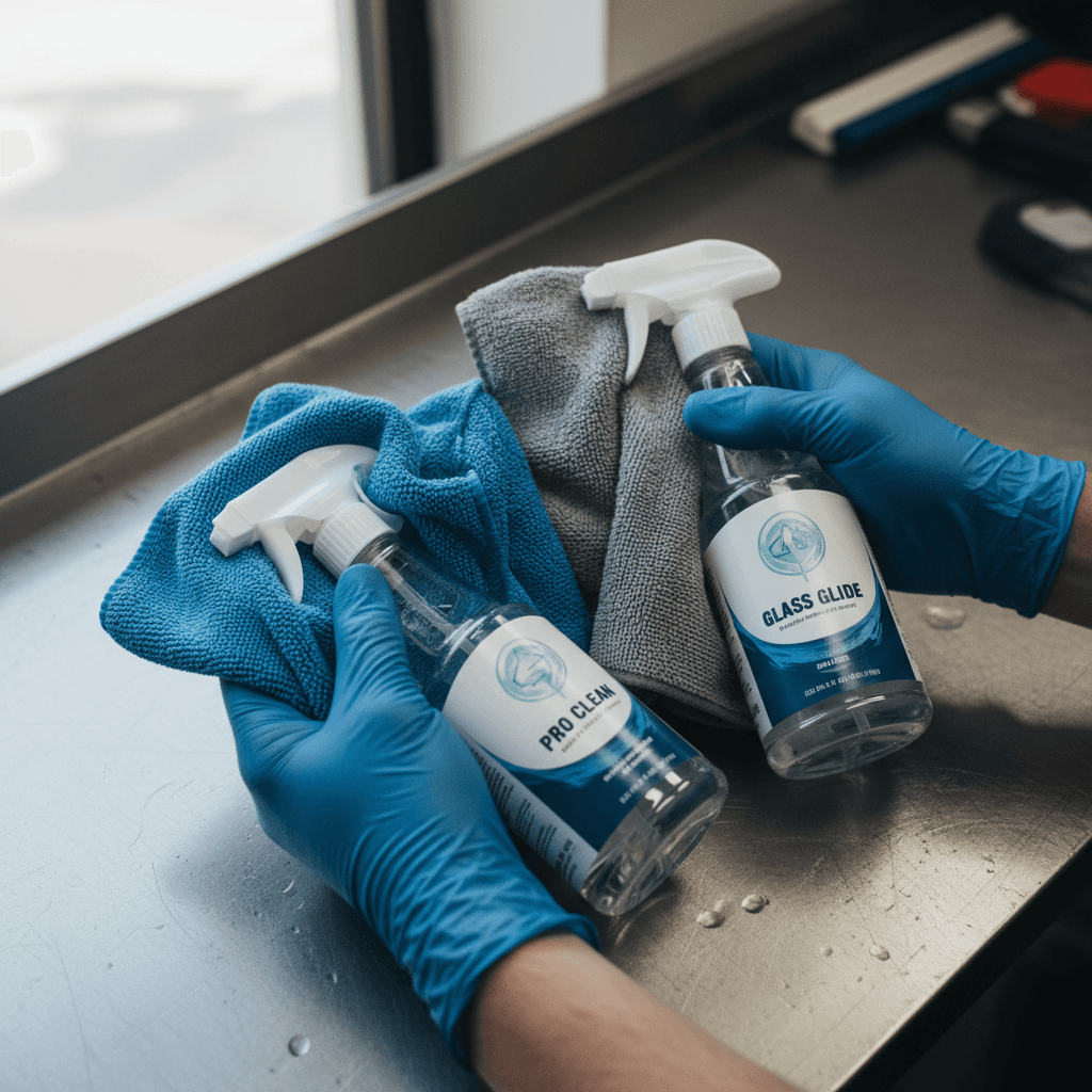 Close-up of professional cleaning supplies and equipment used by Xinyue Cleaning